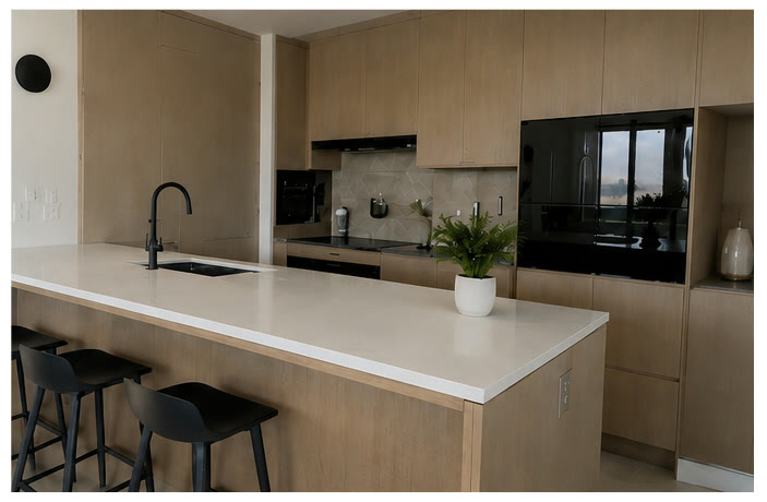 Minimal kitchen with light wood cabinetry
