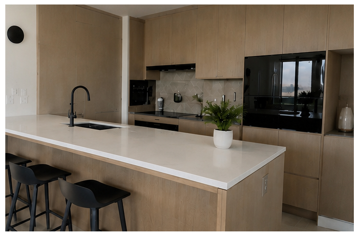 Minimal kitchen with light wood cabinetry