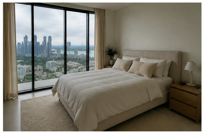 Neutral bedroom overlooking the Miami skyline